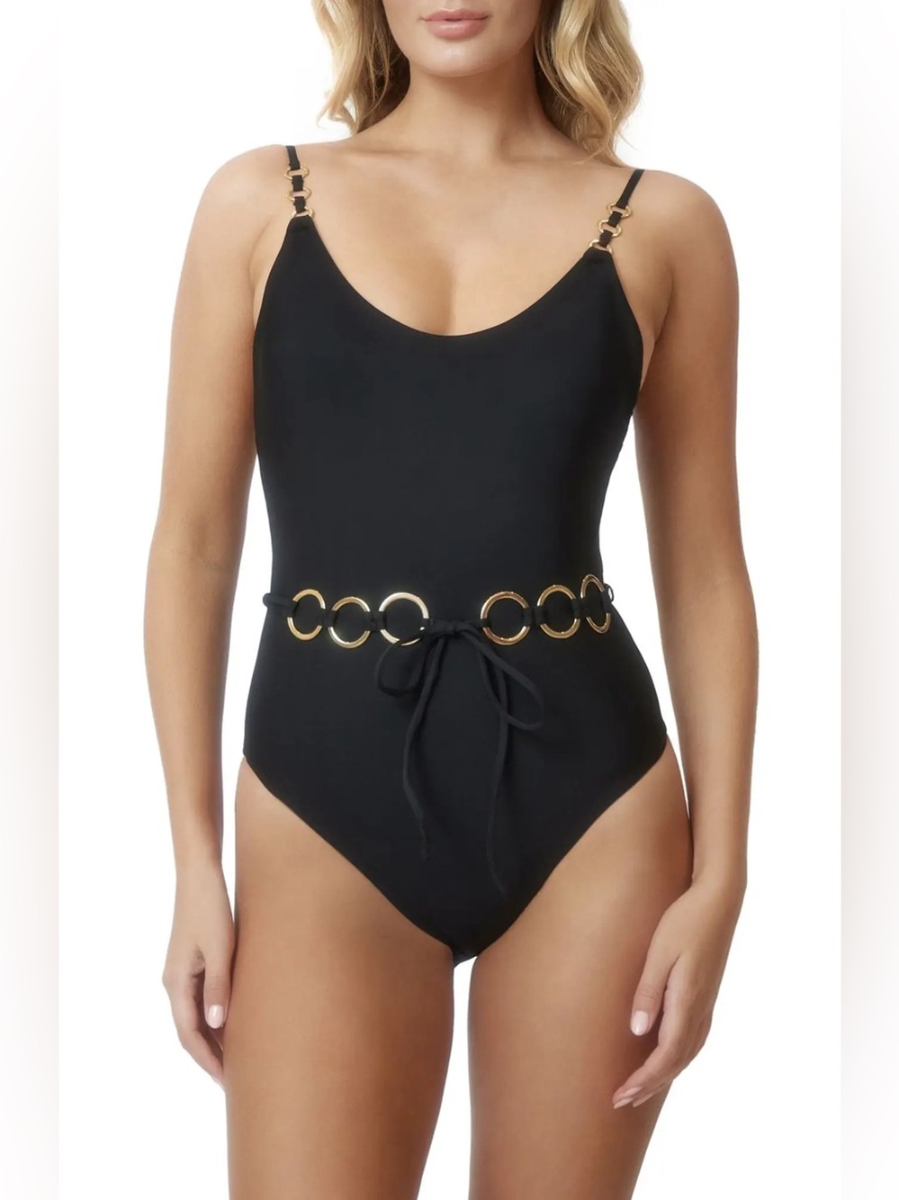 NWOT PQ Swim Black One-Piece with Gold Ring Details